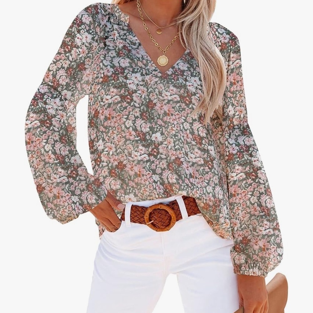 Womens Long Sleeve Boho Casual Floral Dressy Blouse Top